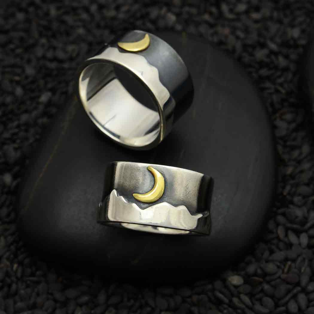 Sterling Silver Ring - Oxidized Mountain Ring with Bronze Moon