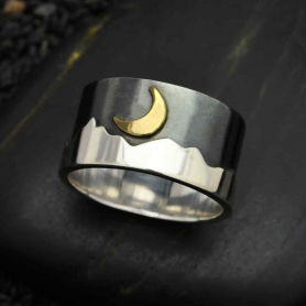 Sterling Silver Ring - Oxidized Mountain Ring with Bronze Moon