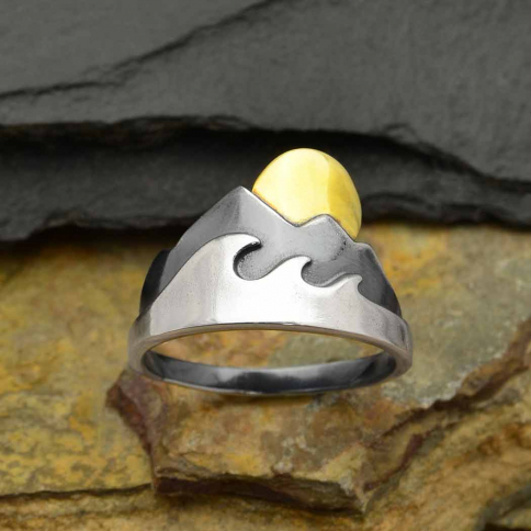 Mixed Metal Mountain and Wave Ring with Bronze Sun