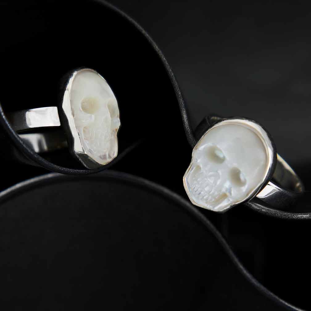 Sterling Silver Carved Mother of Pearl Skull Ring