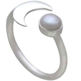 Sterling Silver Pearl and Crescent Moon Adjustable Ring Three Quarter View
