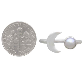Sterling Silver Pearl and Crescent Moon Adjustable Ring with Dime