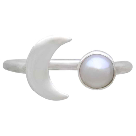 Sterling Silver Pearl and Crescent Moon Adjustable Ring Front View