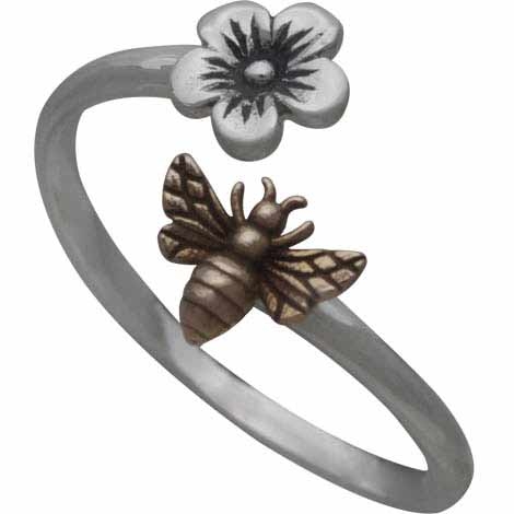 Sterling Silver Adjustable Ring - Flower and Bee Ring