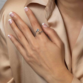 Sterling Silver Adjustable Flower and Bronze Bee Ring on model