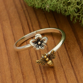 Nina Designs Sterling Silver Adjustable Flower and Bronze Bee Ring