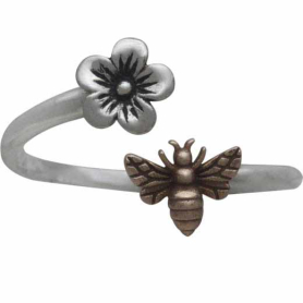 Sterling Silver Adjustable Flower and Bronze Bee Ring front view