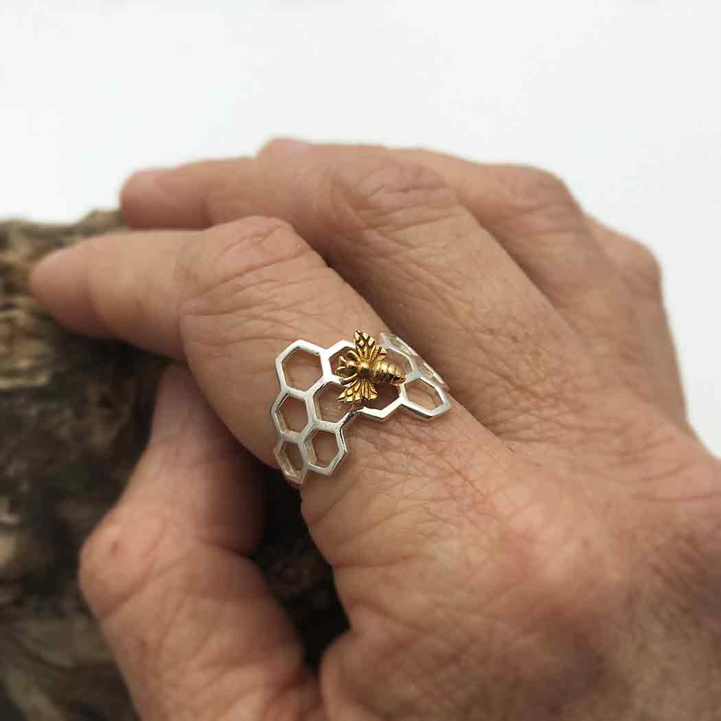 Sterling Silver Honeycomb Ring with Bronze Bee