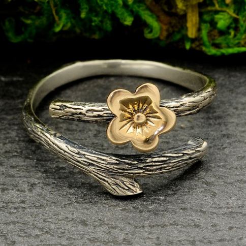 Silver Branch Ring with Bronze Cherry Blossom - Adjustable
