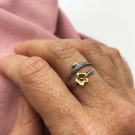 Silver Branch Ring with Bronze Cherry Blossom - Adjustable