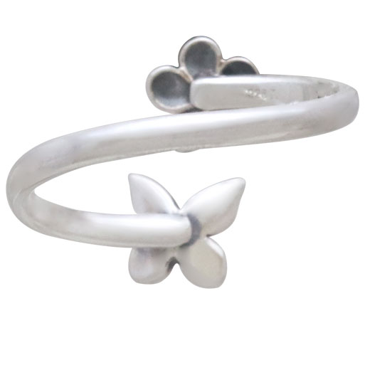 Sterling Silver Butterfly and Flower Adjustable Ring