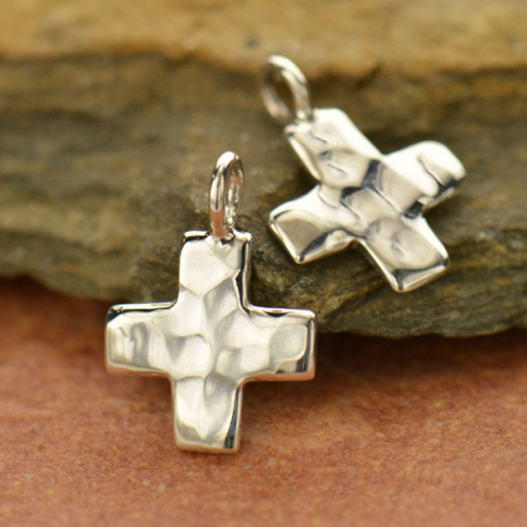 Sterling Silver Hammered Finish Cross Charm 14x10mm