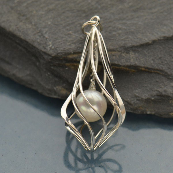 Sterling Silver Pearl Cage Pendant - Swirled Design Pearl Cage Pendant White / Wave / 18 in.