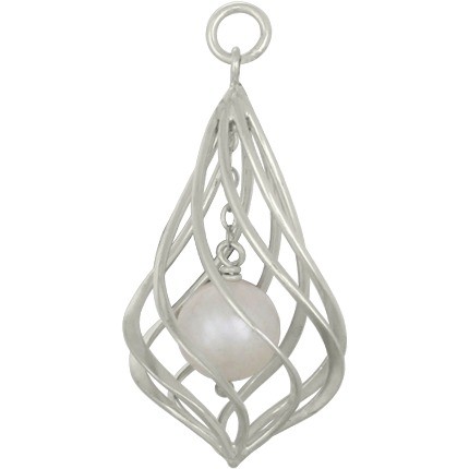 Silver Twisted Teardrop Cage Pendant with Pearl 36x16mm