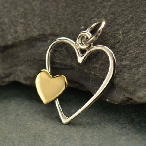Sterling Silver Open Heart Charm with Bronze Heart 18x12mm