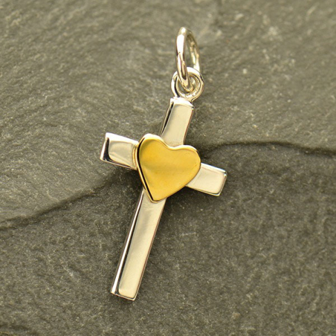 Sterling Silver Cross Charm with Bronze Heart 22x10mm