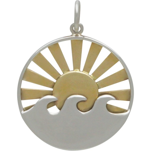 Sterling Silver Wave Pendant with Bronze Sun Rays 26x20mm