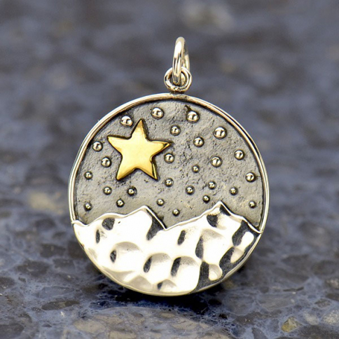 Sterling Silver Mountain Pendant with Bronze Star 24x18mm