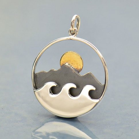 Silver Mountain and Ocean Pendant with Bronze Sun 26x20mm
