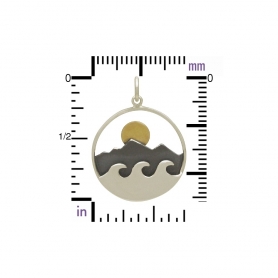 Silver Mountain and Ocean Pendant with Bronze Sun 26x20mm