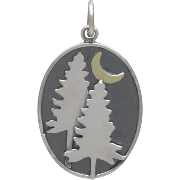 Sterling Silver Pine Tree Charm with Bronze Moon 26x15mm