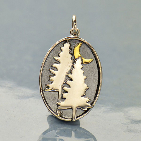 Sterling Silver Pine Tree Charm with Bronze Moon 26x15mm