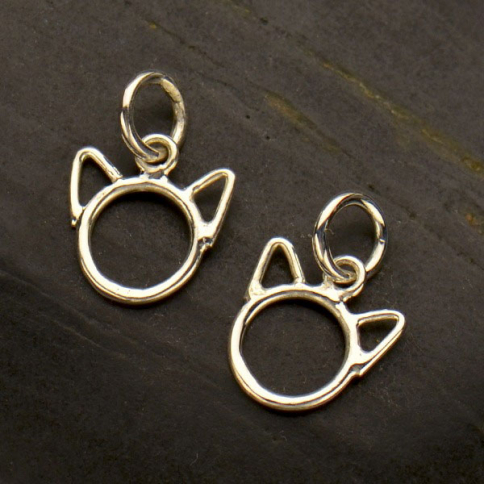 Sterling Silver Cat Charm -Cute Cat Head with Ears 14x9mm