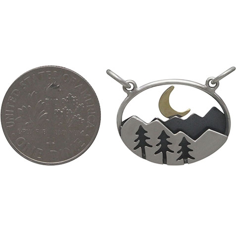 Silver Oval Mountain Pendant with Trees and Moon 18x20mm