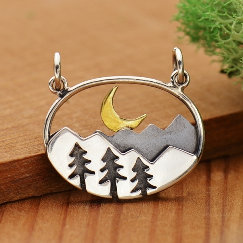 Silver Oval Mountain Pendant with Trees and Moon 18x20mm