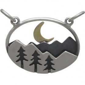 Silver Oval Mountain Pendant with Trees and Moon 18x20mm