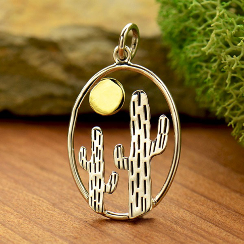 Sterling Silver Oval Cactus Pendant with Bronze Sun 27x15mm