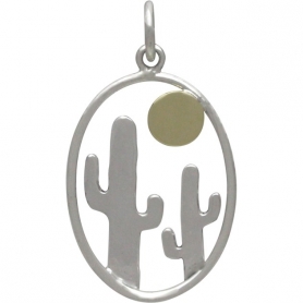 Sterling Silver Oval Cactus Pendant with Bronze Sun 27x15mm