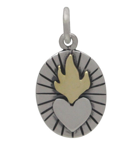 Silver Sacred Heart Charm Bronze Flames 20x10mm DISCONTINUED