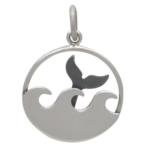 Sterling Silver Whale Tail and Ocean Waves Charm 21x15mm
