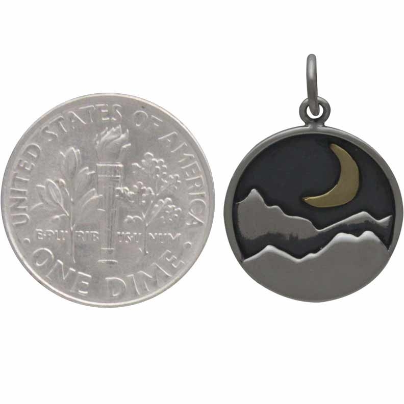 Sterling Silver Mountain Charm with Bronze Crescent 21x15mm