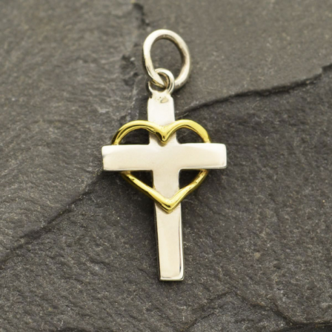 Sterling Silver Cross with Wire Bronze Heart 20x10mm