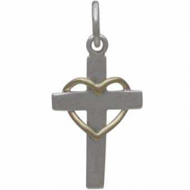 Sterling Silver Cross with Wire Bronze Heart 20x10mm