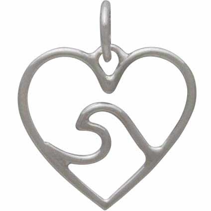 Sterling Silver Heart Charm with Wave - Ocean Charm 18x15mm