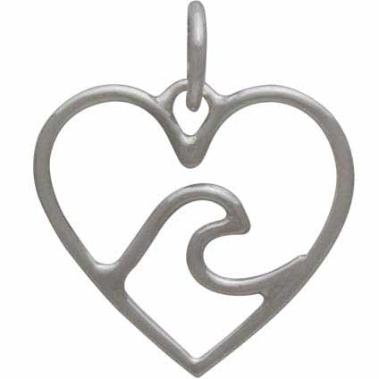 Sterling Silver Heart Charm with Wave - Ocean Charm 18x15mm