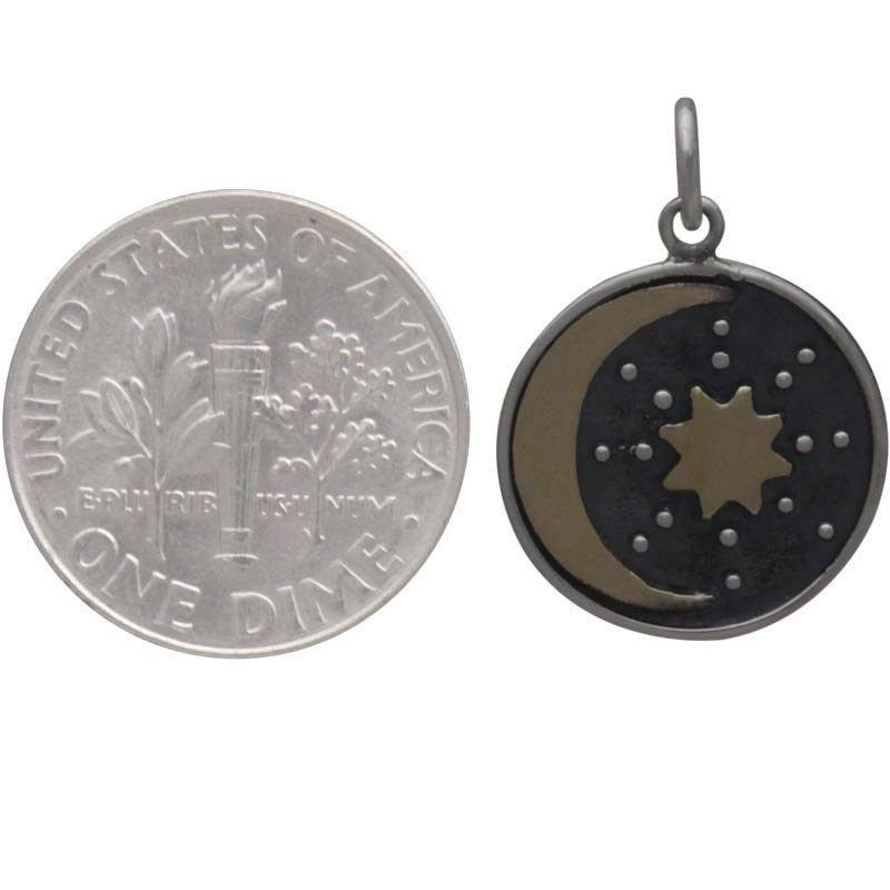 Silver Talisman Charm with Bronze Sun and Moon 21x15mm