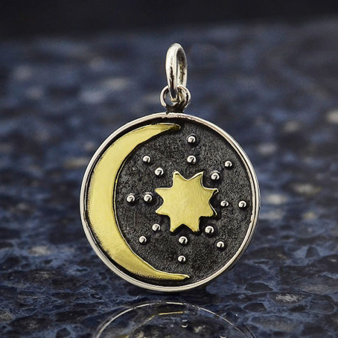 Silver Talisman Charm with Bronze Sun and Moon 21x15mm