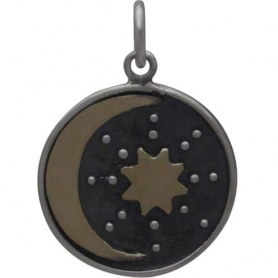 Silver Talisman Charm with Bronze Sun and Moon 21x15mm