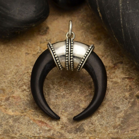 Hand Carved Black Wood Double Horn Pendant with Bail 27x19mm