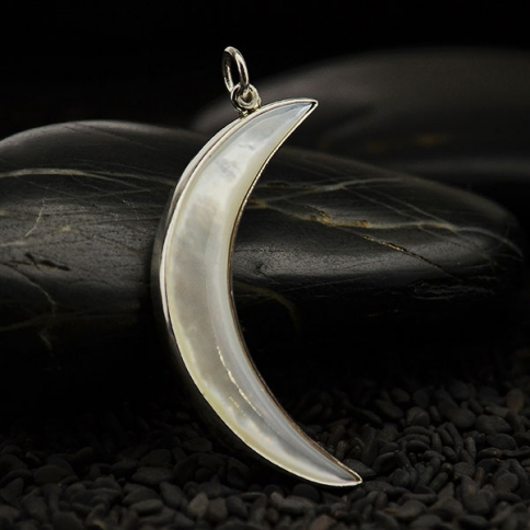 Mother of Pearl Moon Pendant with Silver Bezel 40x17mm