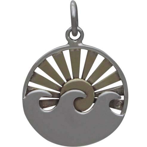 Sterling Silver Wave Charm with Bronze Setting Sun 21x15mm