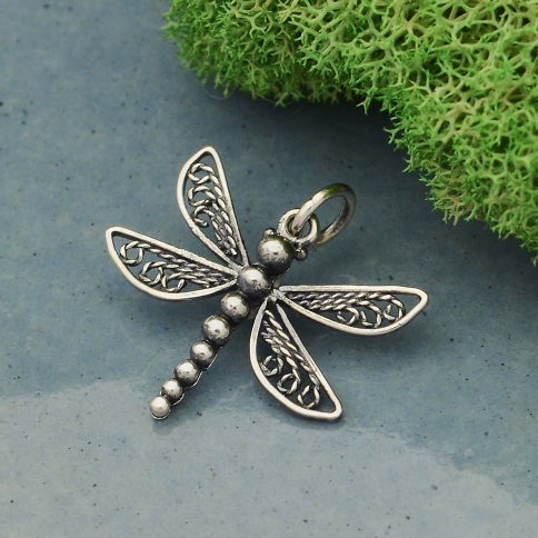 Sterling Silver Dragonfly Charm with Filigree Wings 20x19mm