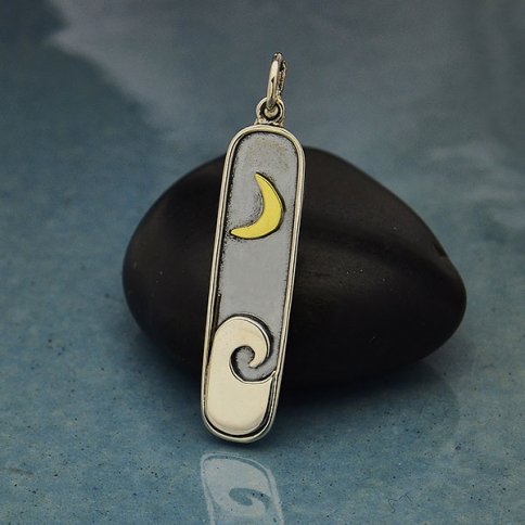 Sterling Silver Wave Pendant with Bronze Moon 34x7mm