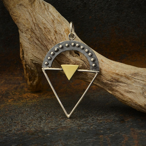 Silver Triangle Charm with Granulation and Bronze 32x19mm