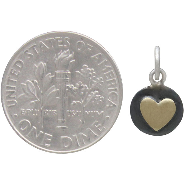 Sterling Silver Oxidized Disk Charm with Bronze Heart 14x8mm