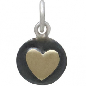 Sterling Silver Oxidized Disk Charm with Bronze Heart 14x8mm